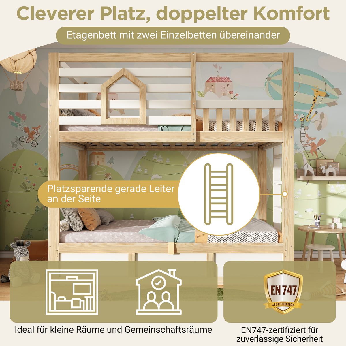 Children's Bunk Bed 90x200cm Cabin Storage, White & Natural Wood