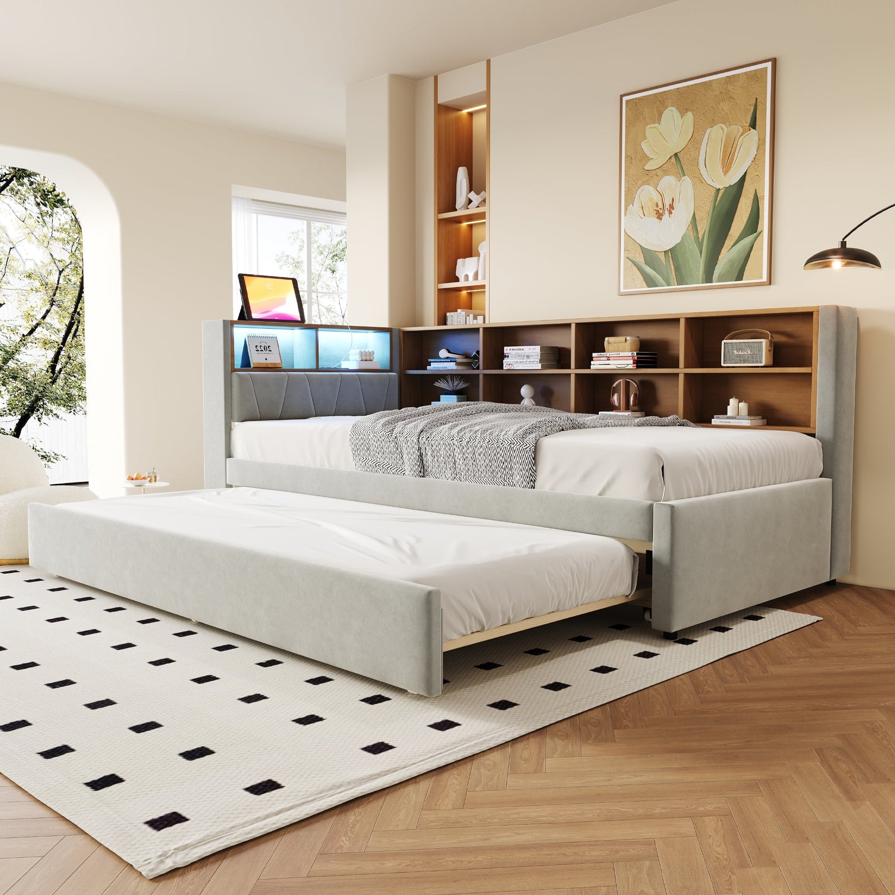 Sofa Bed 90x200 Pull-out LED Storage Flannel Light Grey