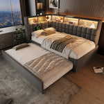 Upholstered Bed with Pull-out Bed, LED, Bluetooth Speaker and Charging Ports, 90x200cm, Grey Linen