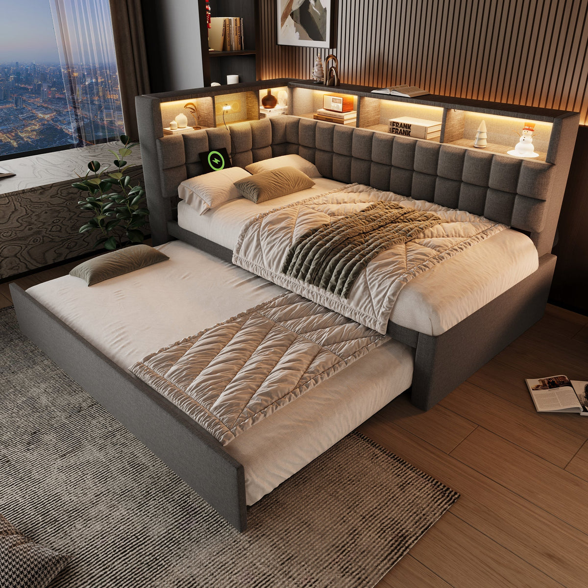 Upholstered Bed with Pull-out Bed, LED, Bluetooth Speaker and Charging Ports, 90x200cm, Grey Linen