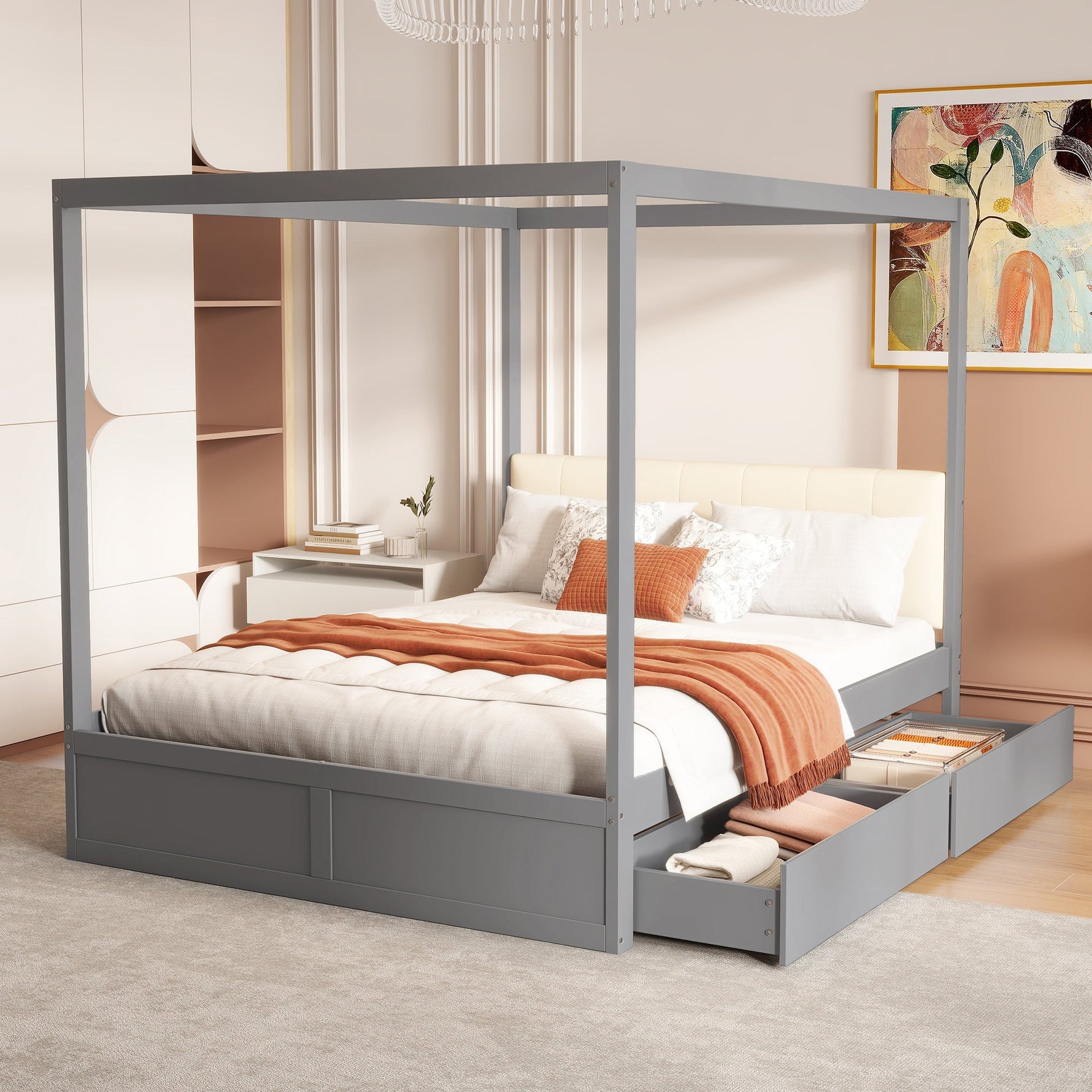 Canopy Bed 140x200 cm with Large Drawers & Soft Headboard, Wooden Grey
