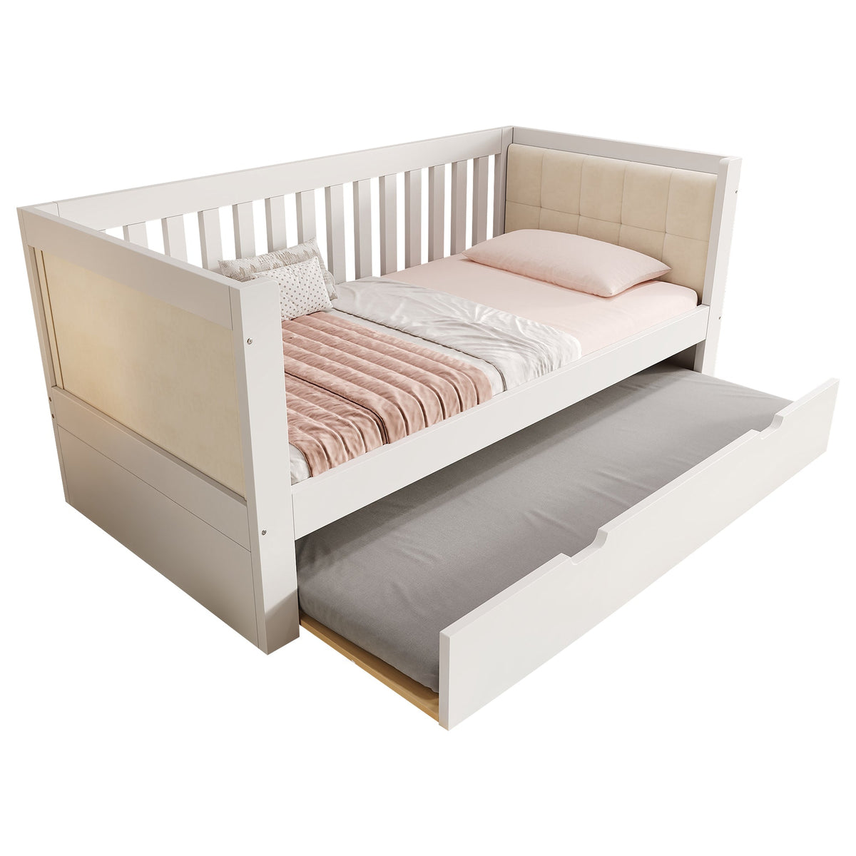 Daybed with Pull-out Bed, 90x200cm and 90x190cm, Space-Saving Wood, White