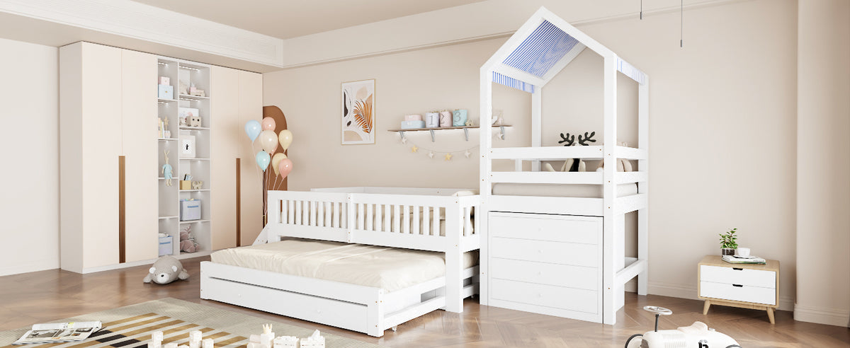 Kids House Bed with Pull-Out Bed, Drawers & Stairs, White