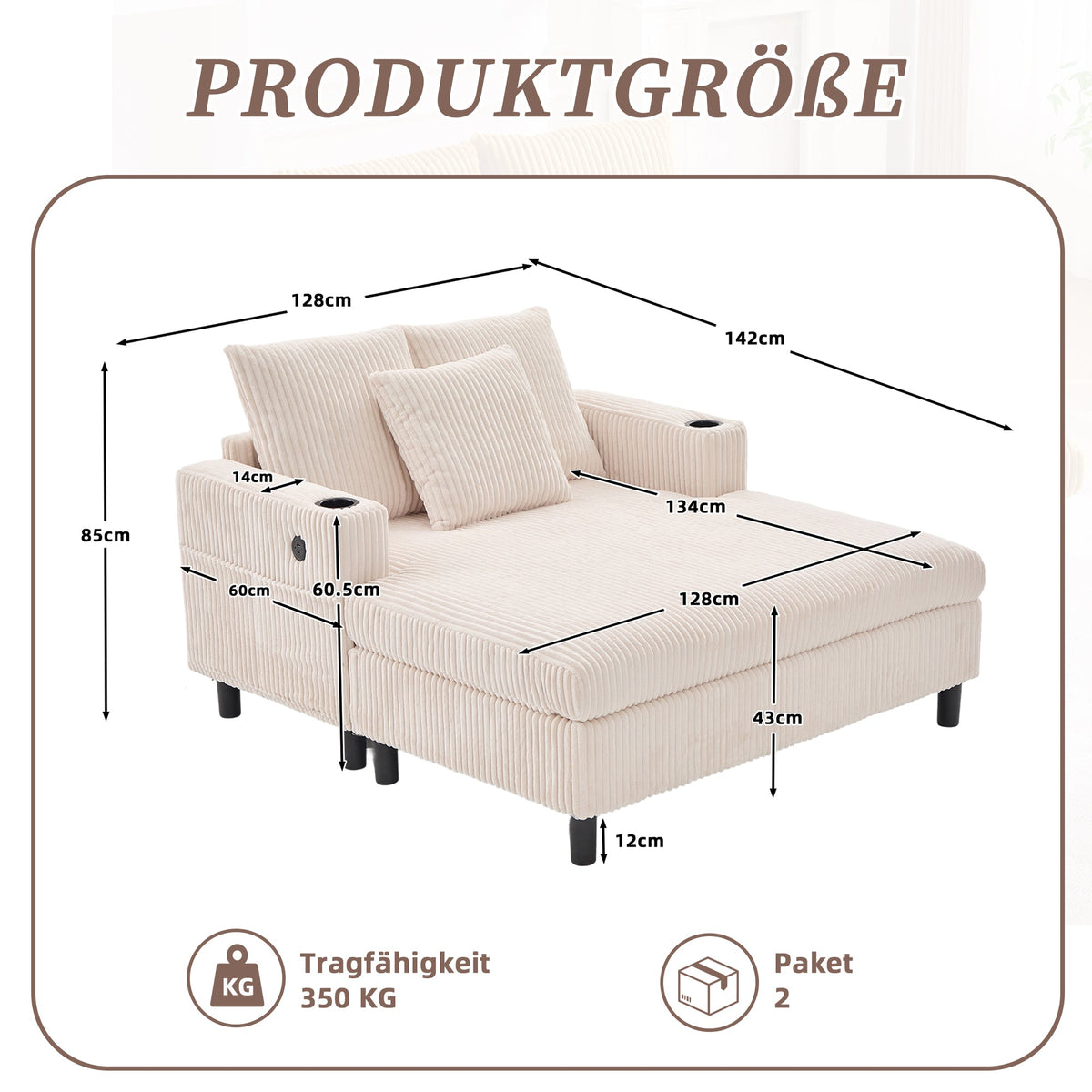 Chaise Longue Recliner with Cupholders, USB, LED Lighting, Soft