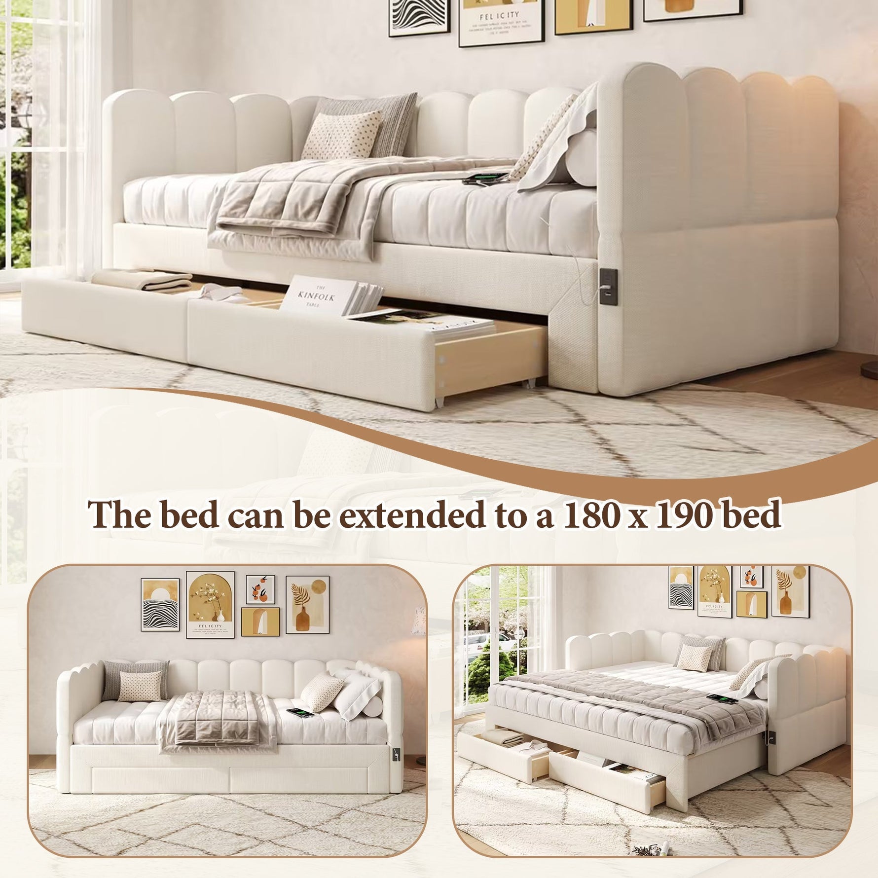 Upholstered Daybed with 2 Storage Drawers and USB Port, Beige Linen