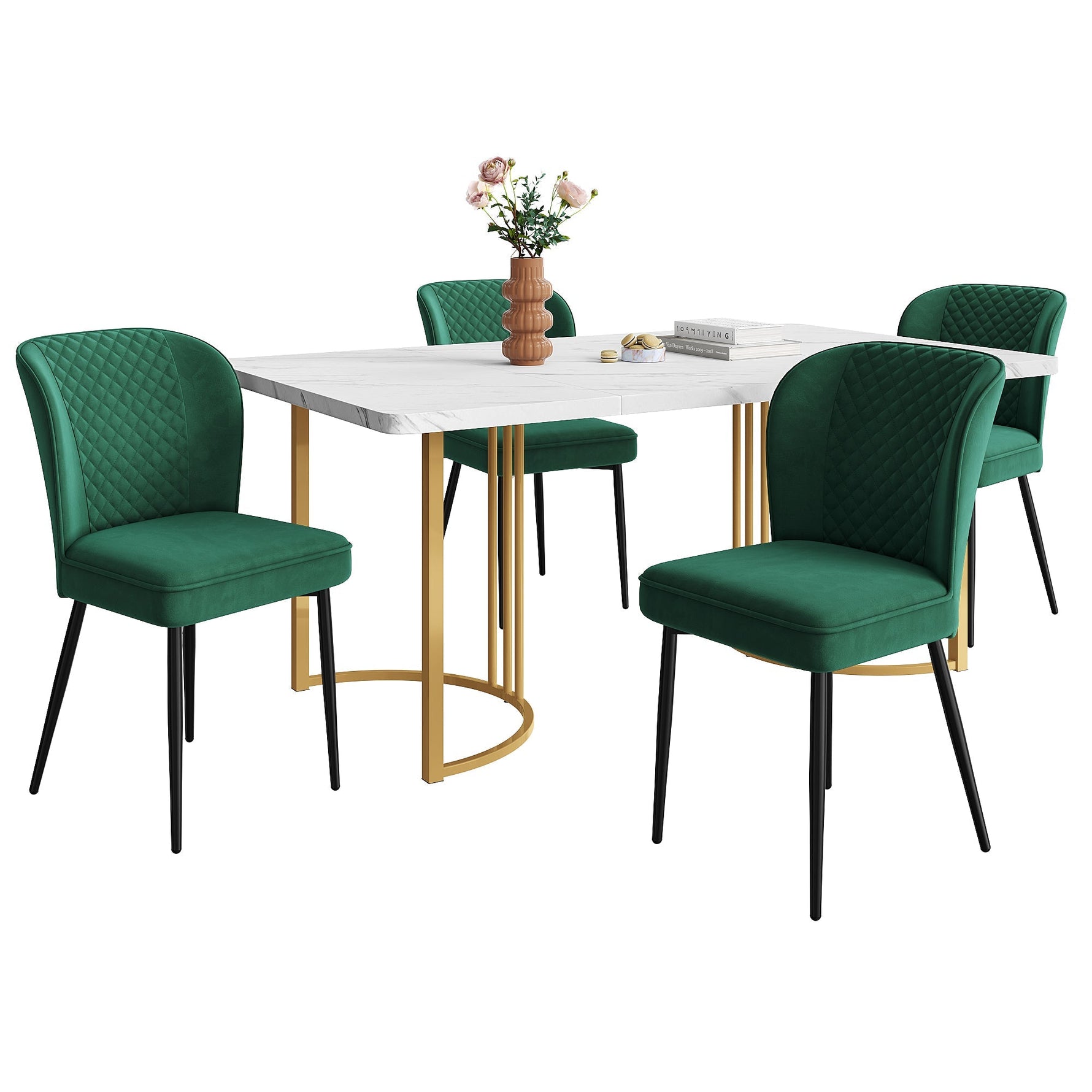 Dining Set 5-Piece 140x80cm Modern Table & 4 Chairs Dark Green Velvet White MDF Gold