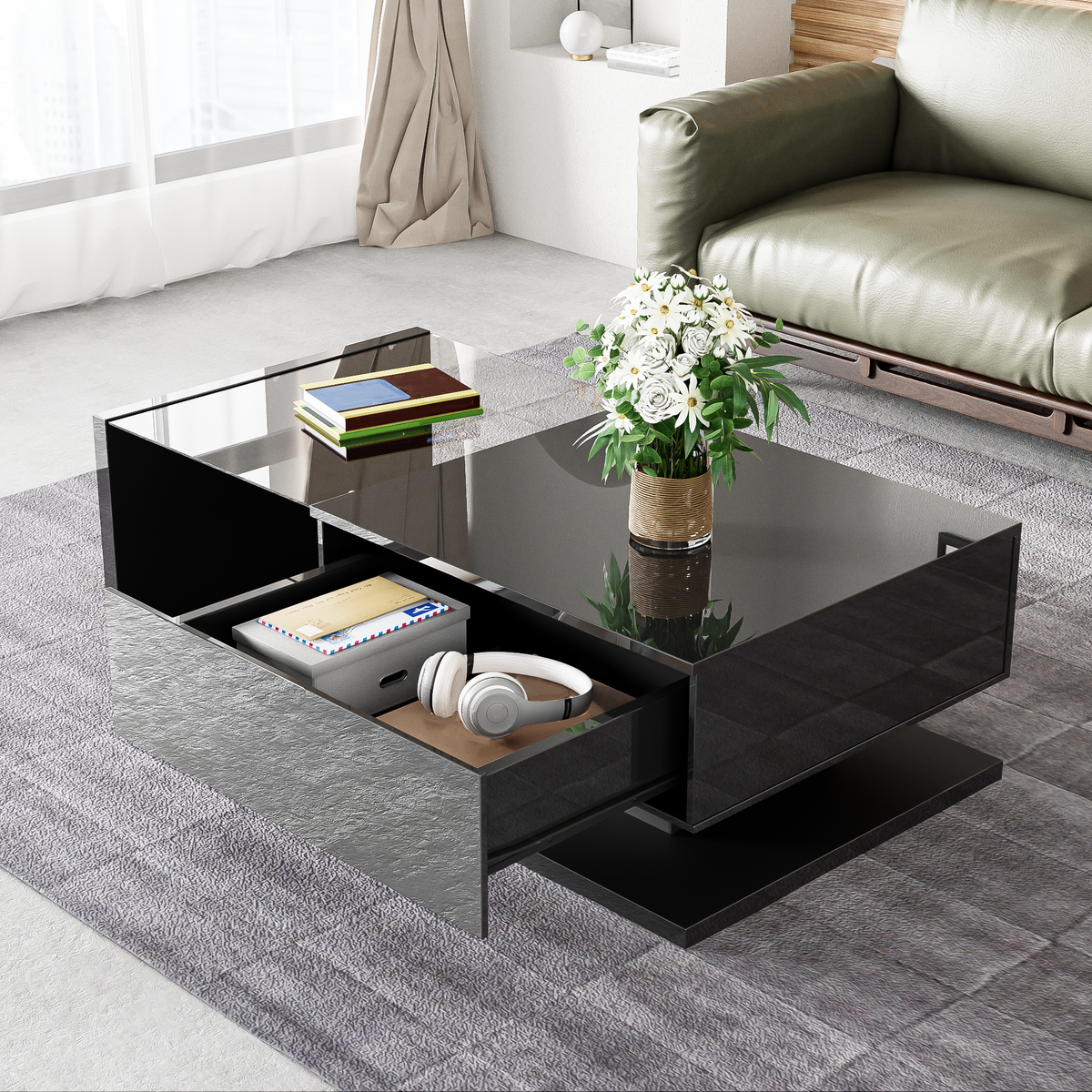 Coffee Table with Glass and LED Effect, High-Gloss Black