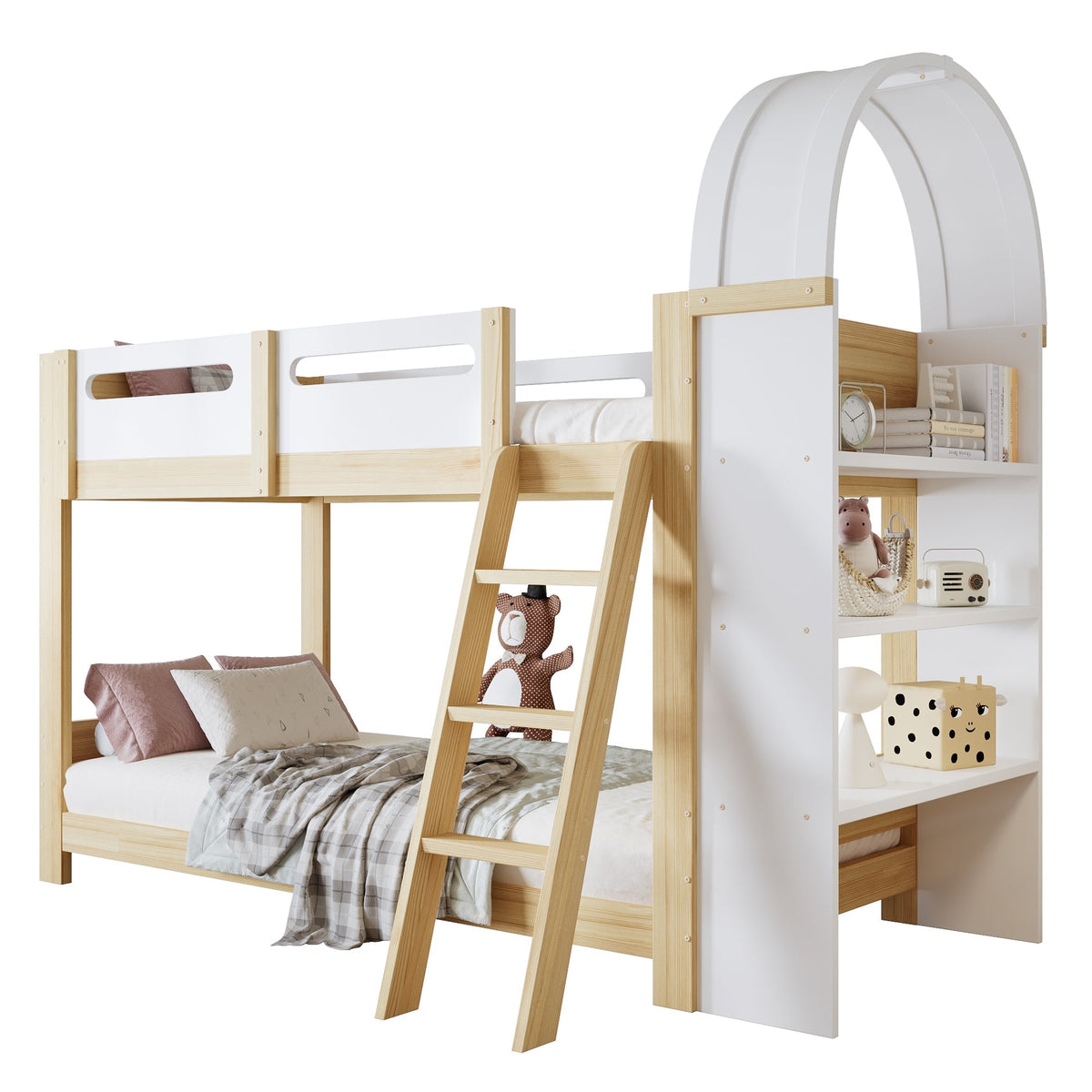 Bunk Bed 90x200cm 3-Tier Shelf Ladder Slatted Base - White/Natural Pine