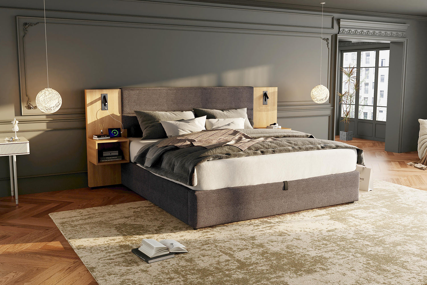 Upholstered Bed with Hydraulic Storage, LED, USB and 2 Bedside Tables, 160x200cm, Grey and Natural Velvet