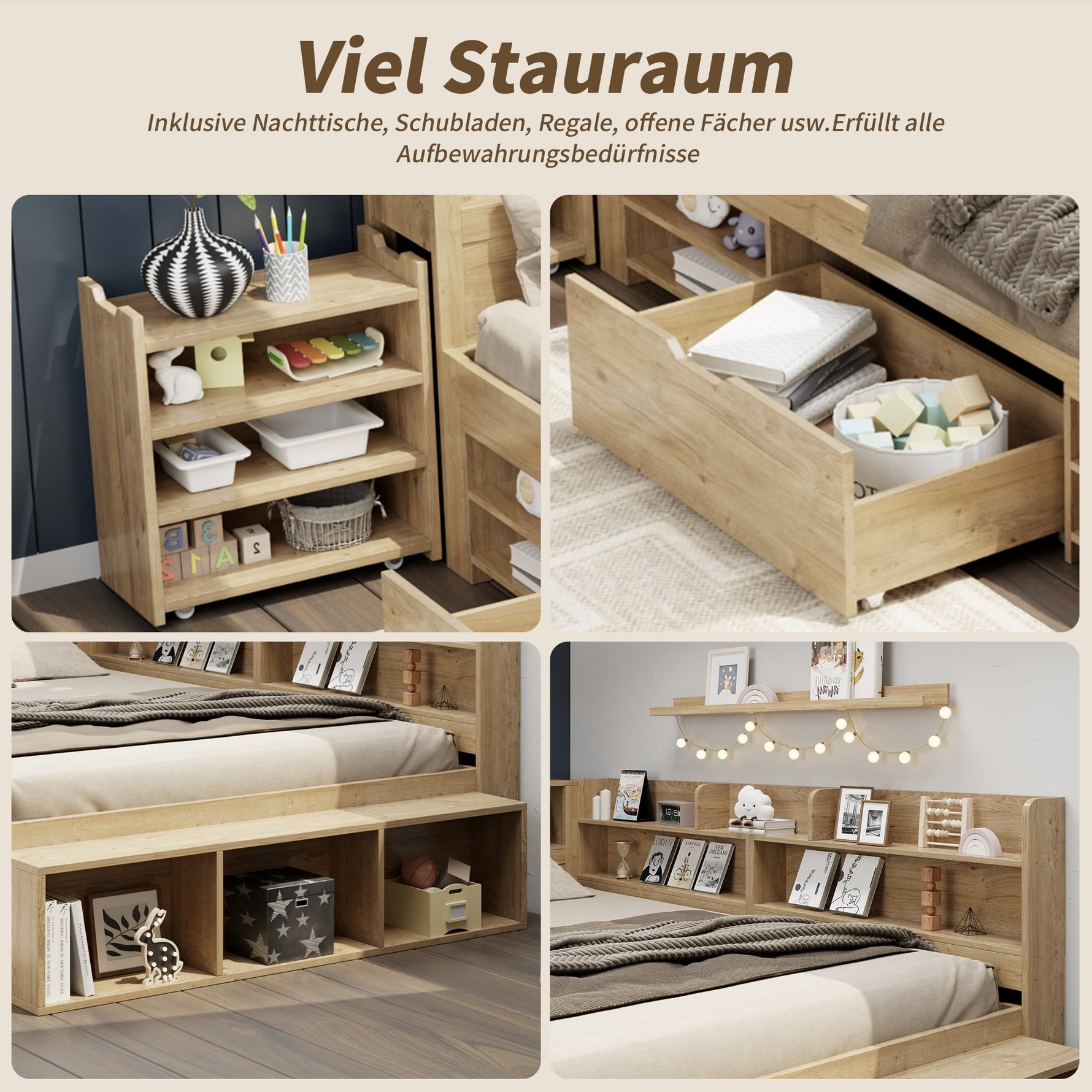 Multifunctional Children's Storage Bed with Nightstands, Shelves and Wireless Charging, Natural