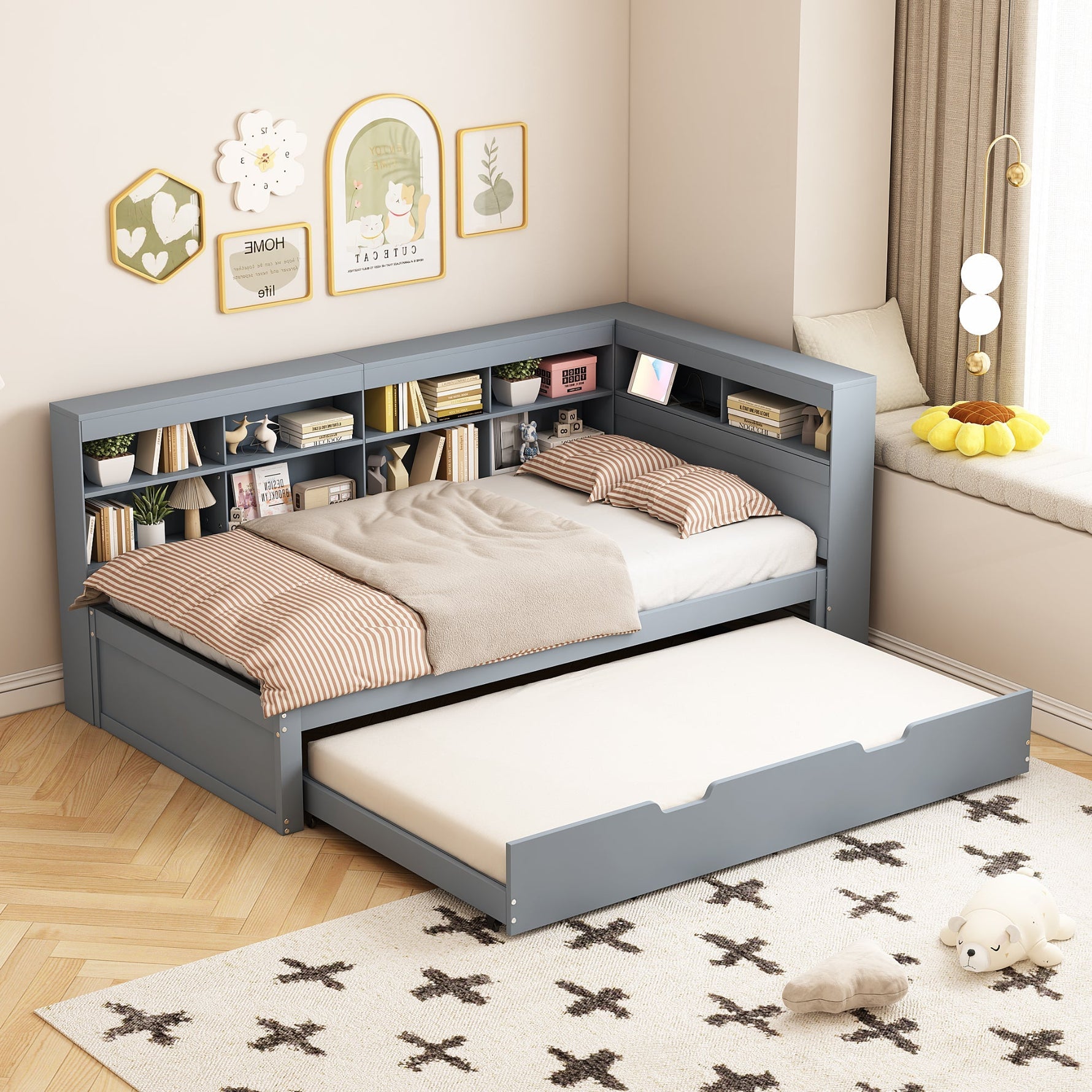 Sofa Bed with USB Socket & Storage, Solid Wood, Gray
