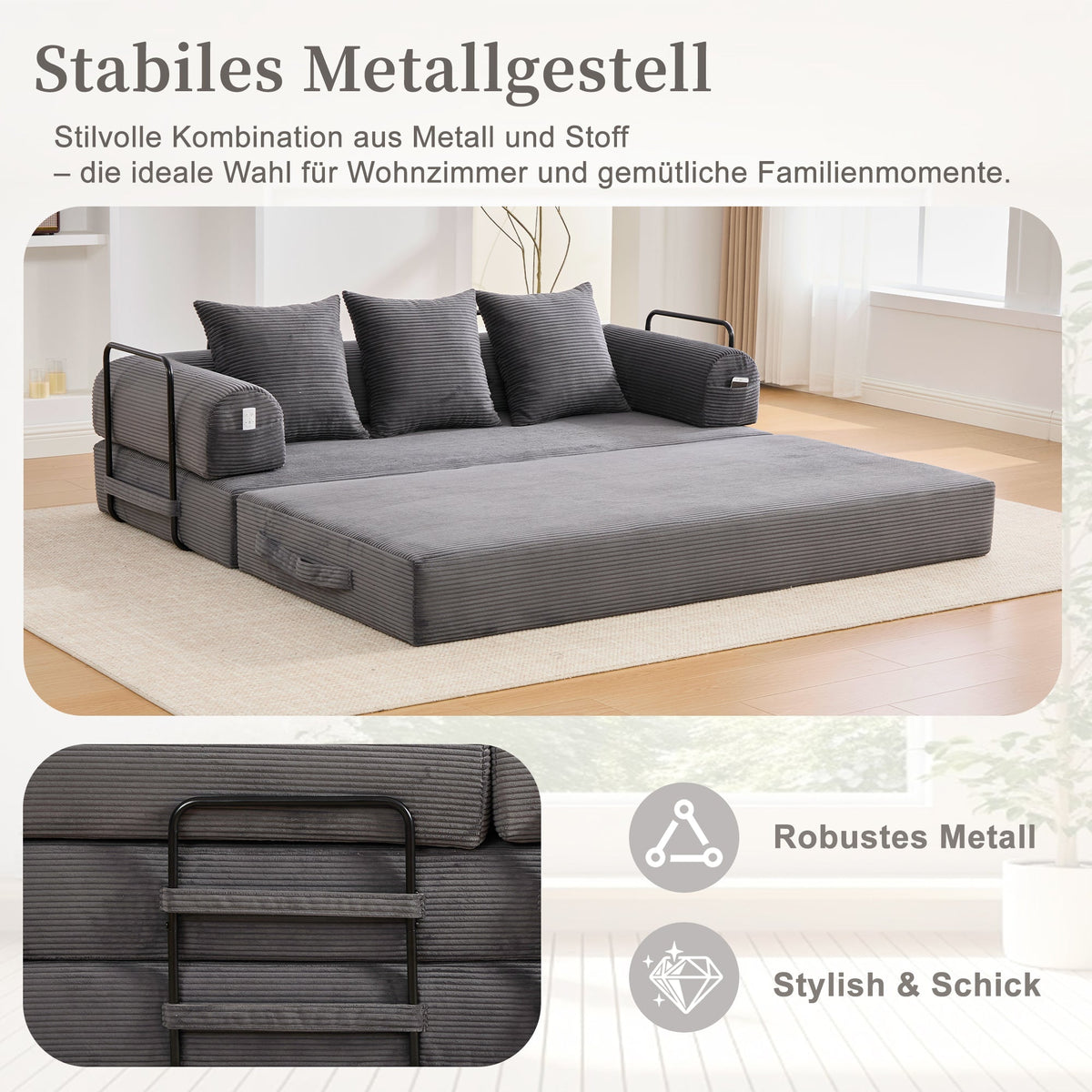 Sofa Foldable Metal Frame with 3 Cushions Side Pockets Dark Grey
