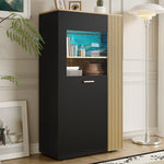Modern Storage Cabinet, 16-Color LED Lights, Adjustable Shelves, Cable Management, PB with Glass Doors
