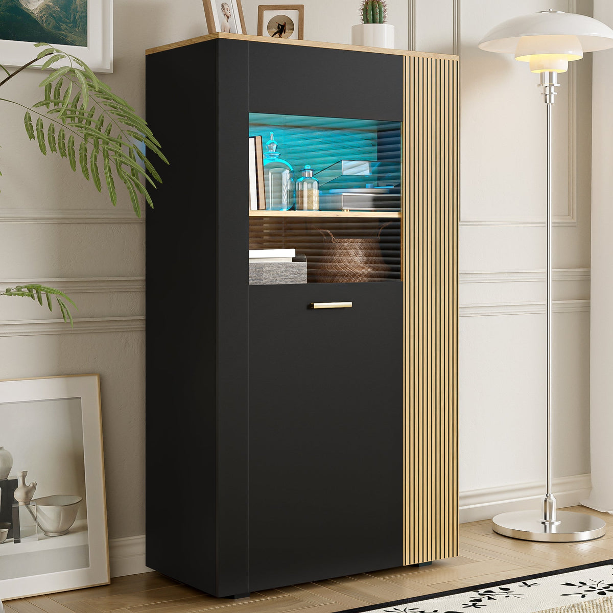 Modern Storage Cabinet, 16-Color LED Lights, Adjustable Shelves, Cable Management, PB with Glass Doors