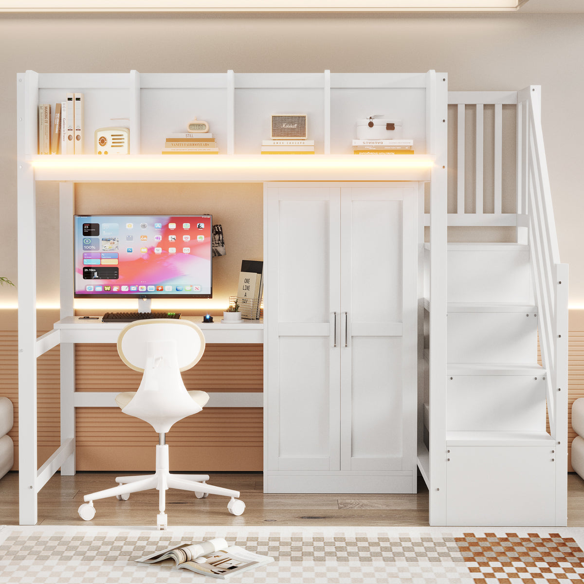 Multifunctional Loft Bed 90x200cm with Desk & Wardrobe, White