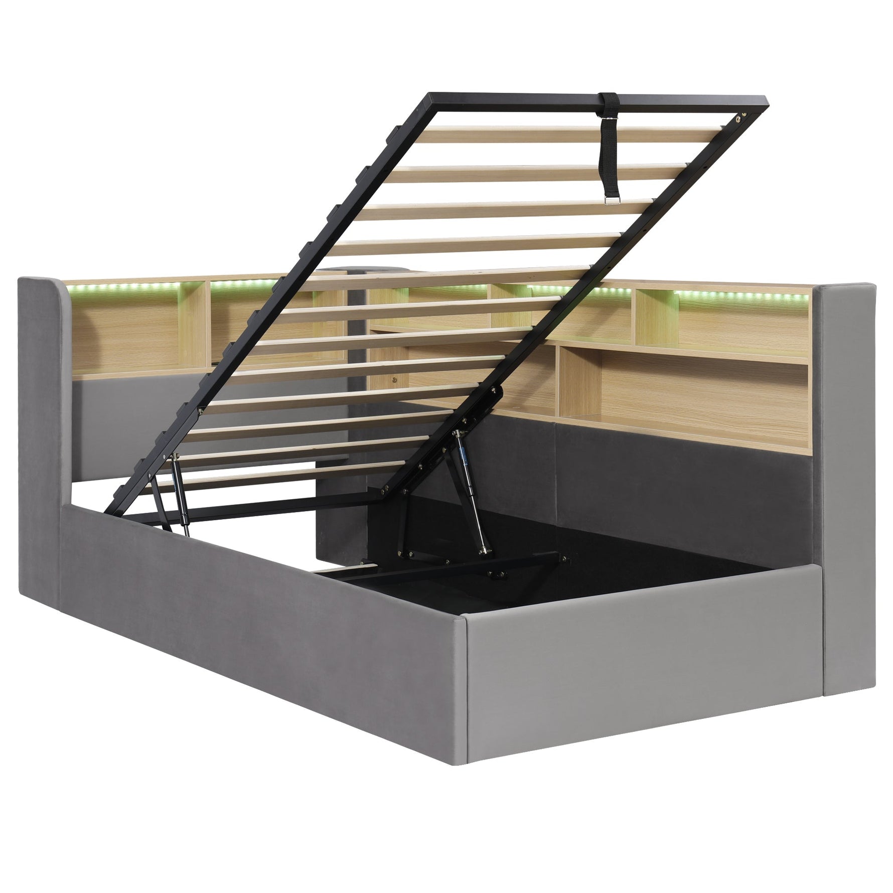 Daybed with Hydraulic Storage, LED and USB, Grey Velvet