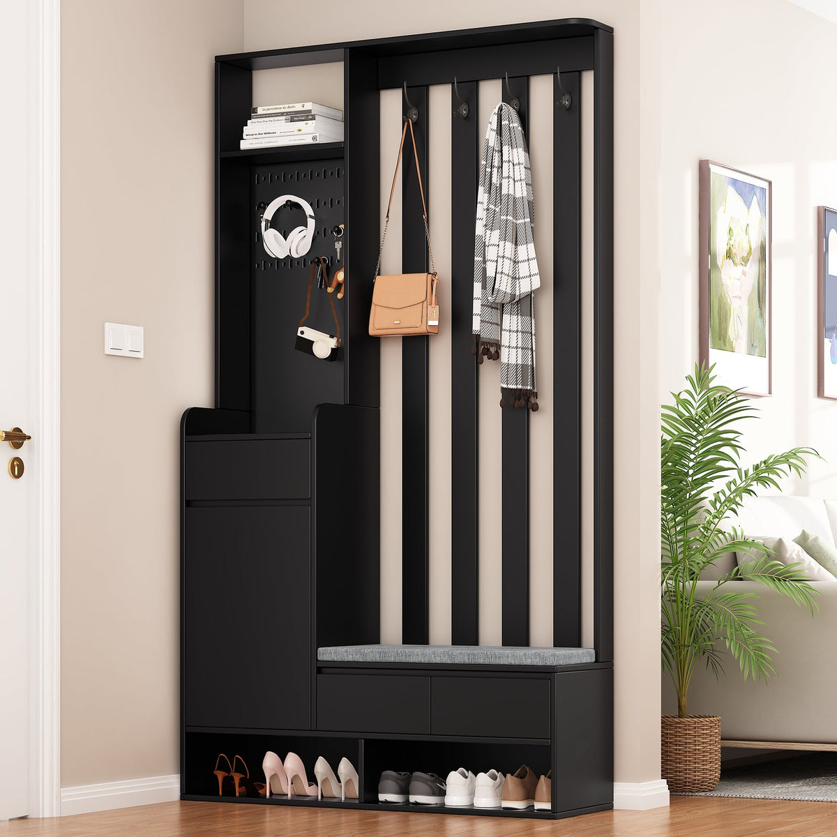 Hallway coat rack with padded storage bench and pegboard, 4 hooks, black