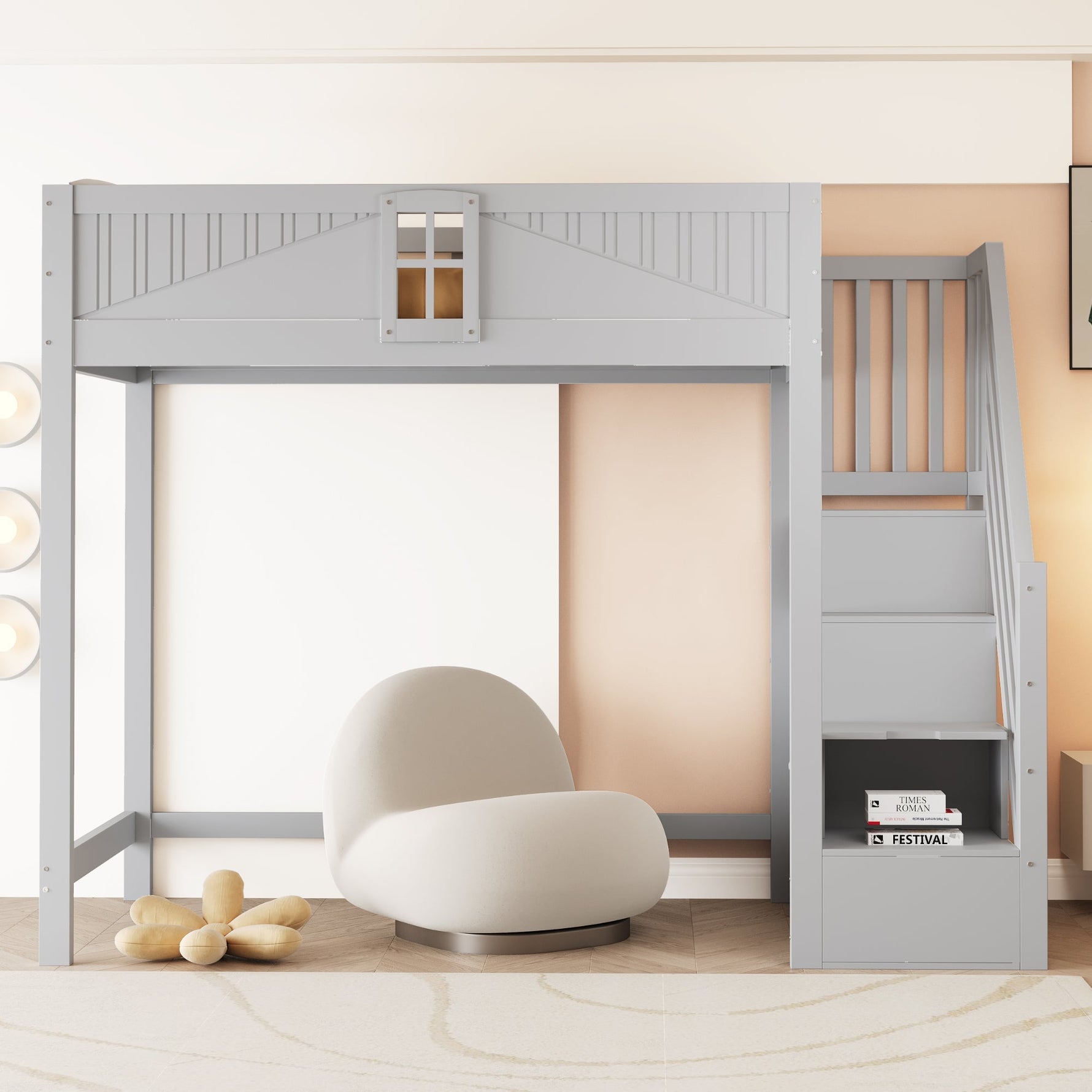 Solid Wood Loft Bed with Safety Door and Storage Ladder, 90 x 200 cm, Grey