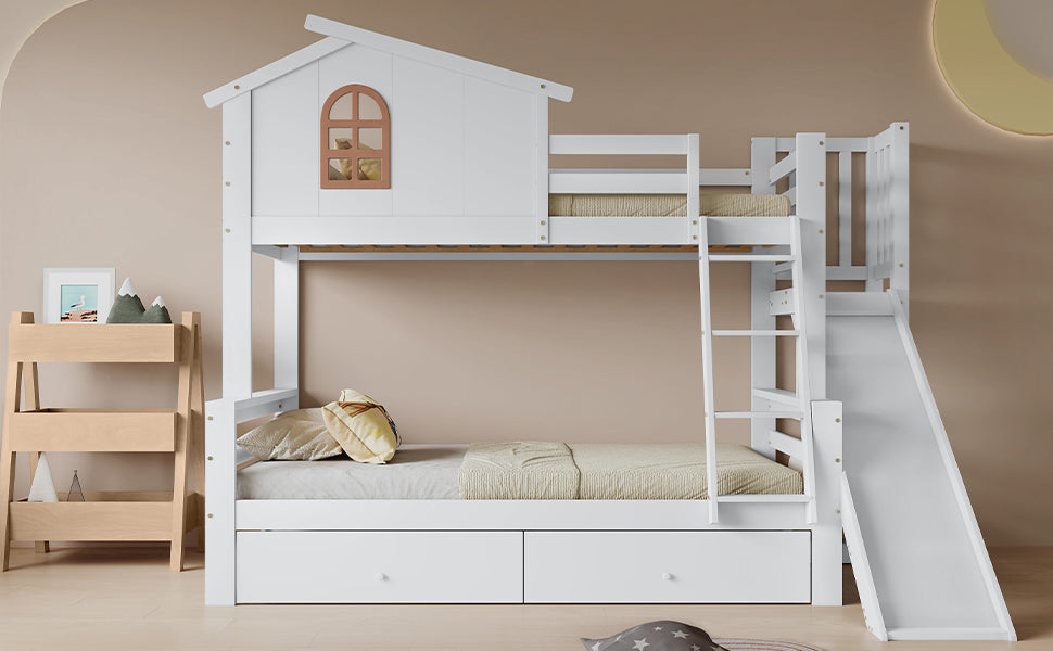 Bunk Bed with Slide & Drawers, Solid Wood Frame, White