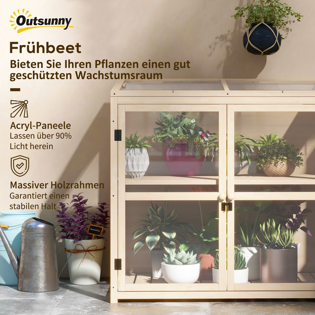 Wooden Cold Frame Greenhouse, 2-Tier Double Doors Roof Window Windproof 103x61x103cm, Natural Finish