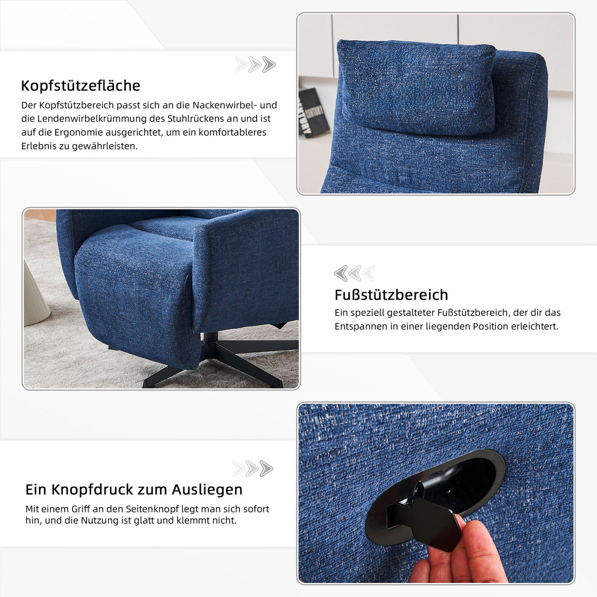 022 Recliner Chair, Comfortable with Reclining Function, Footrest, Swivel, Chenille, Blue
