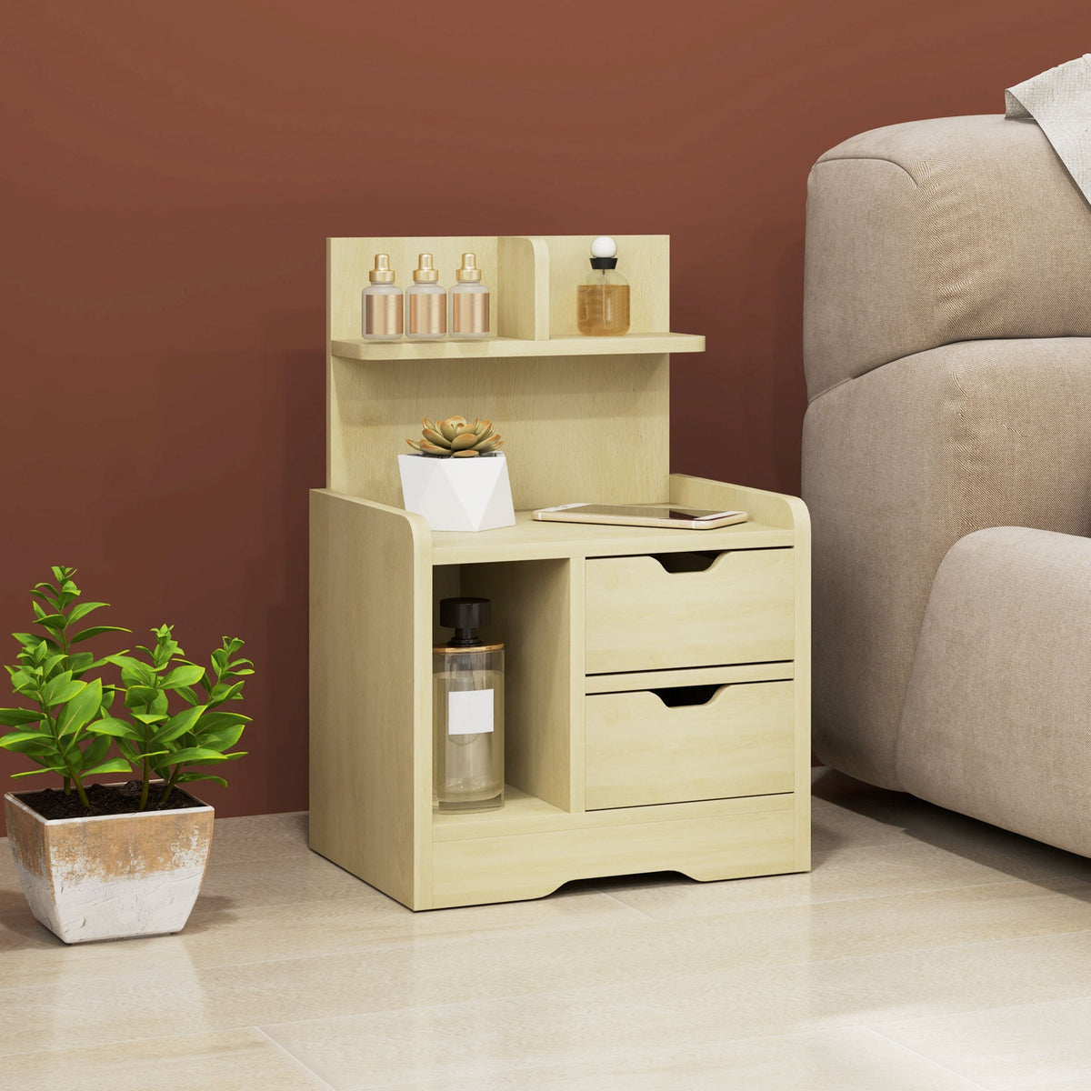 Bedside Table, 2 Drawers, Open Shelf, Natural Wood