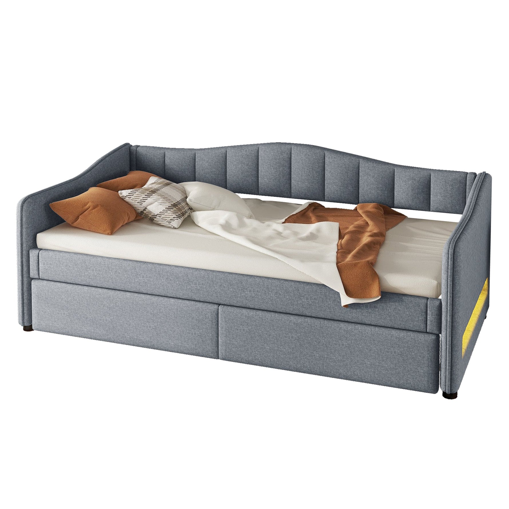 Daybed with Pull-out Bed and LED Ambient Lighting, 90x200cm, Grey Linen