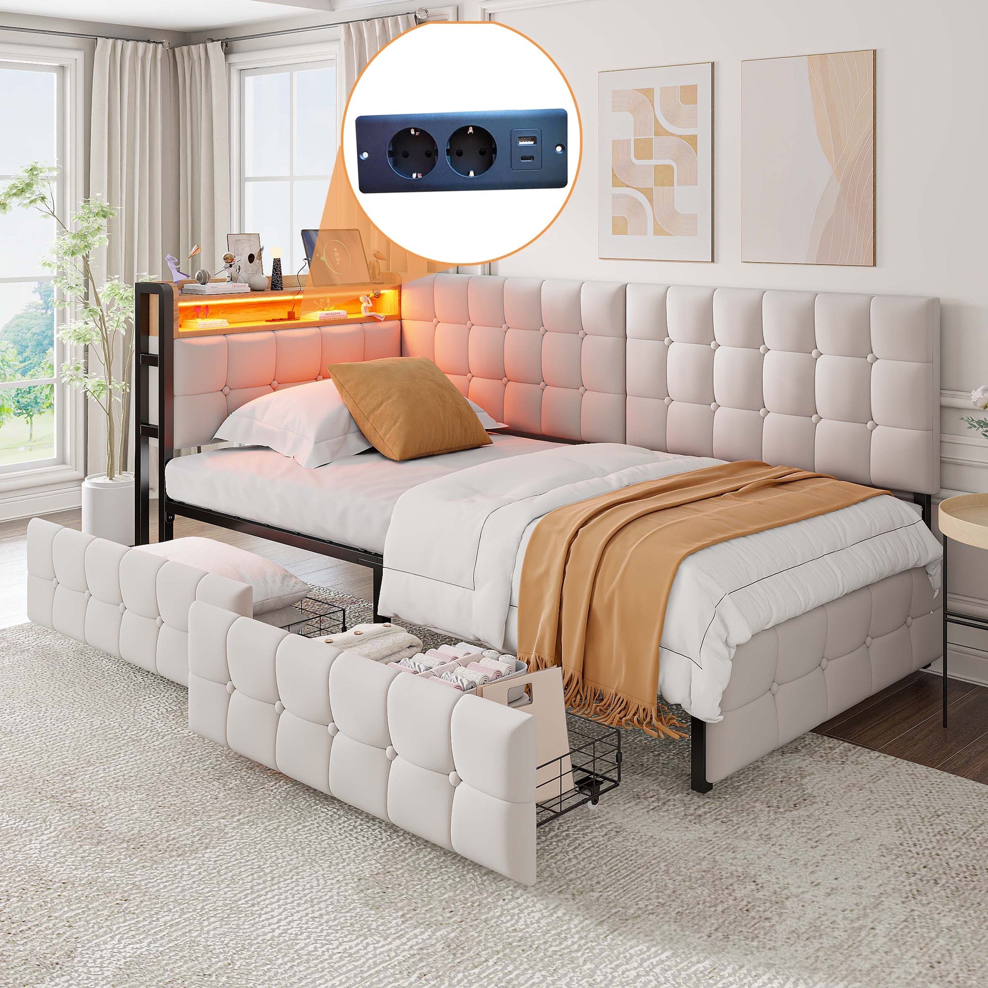 Upholstered Sofa Bed 90x200, 2 Drawers, LED Lamp, USB/Type-C Port, Beige