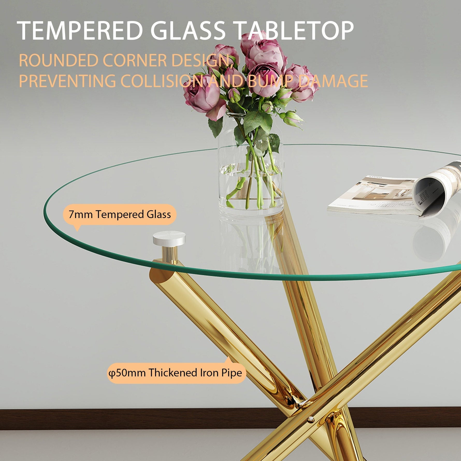 Round Dining Table Tempered Glass Top Gold Legs 80x80cm