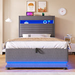Upholstered Bed 90x200cm with LED & Storage, Grey Linen