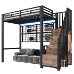 Loft Bed 90x200cm with Wardrobe & LED Lights, Black Iron Frame