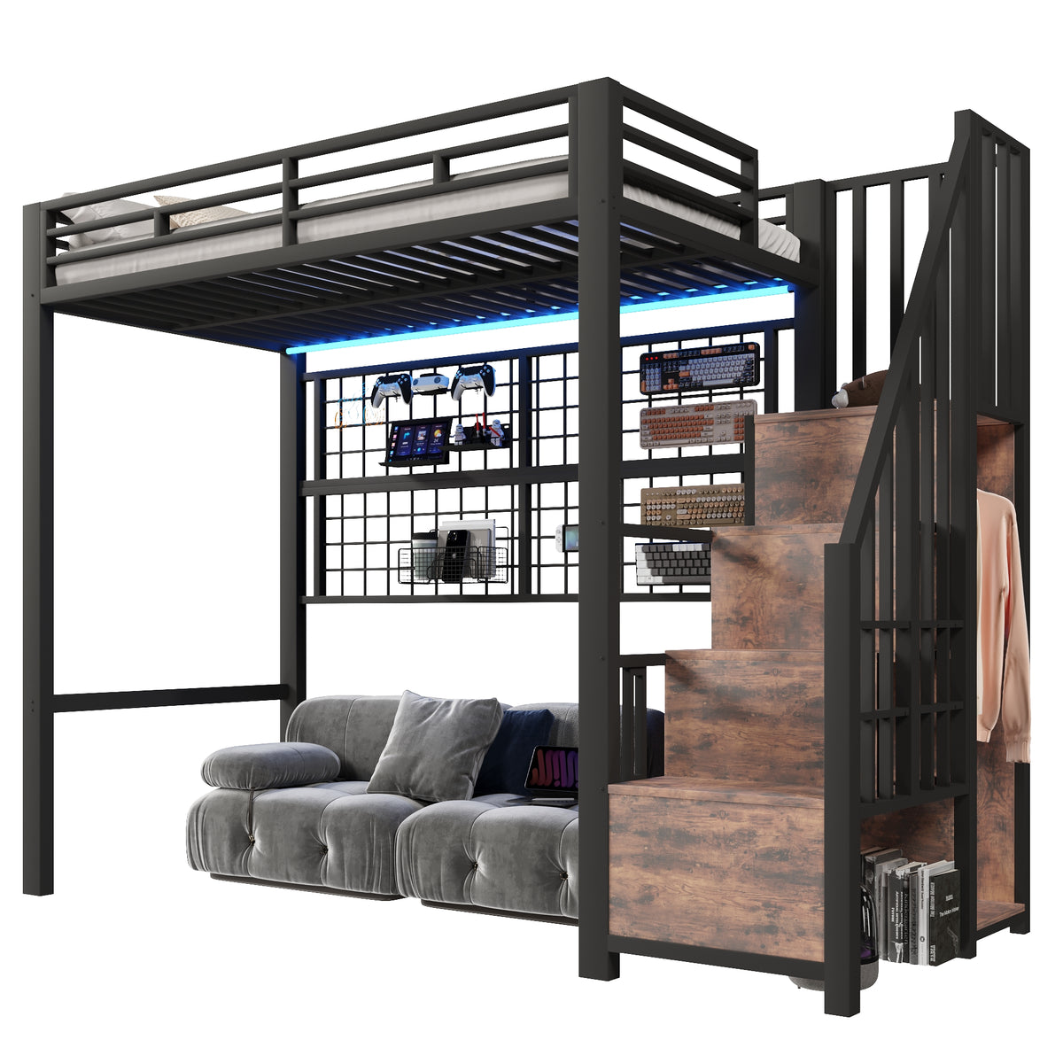 Loft Bed 90x200cm with Wardrobe & LED Lights, Black Iron Frame