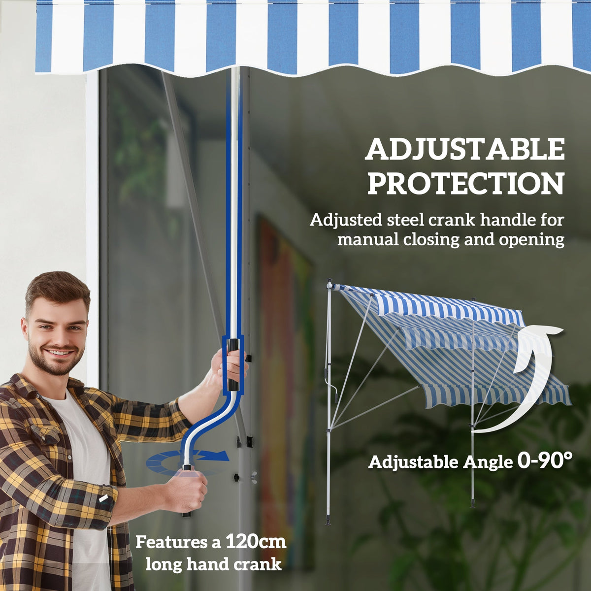 Folding Arm Awning Clamp-On Height Adjustable 200x150cm Aluminum Blue/White