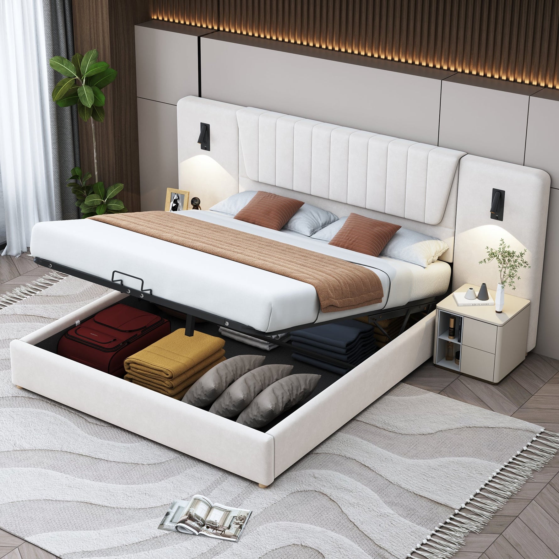 Upholstered Bed, 180*200cm, Extra-Long Backrest, Reading Lamp, USB Port, Hydraulic Storage, Beige Velvet