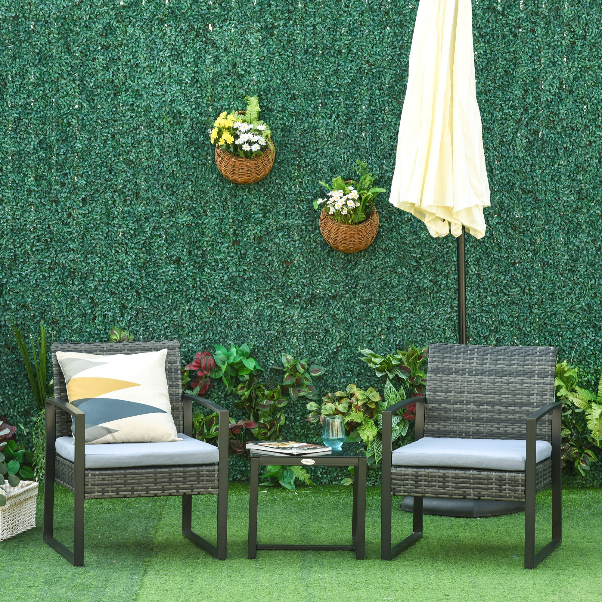 Polyrattan Balcony Set for 2 People, Weatherproof Cushions, Grey