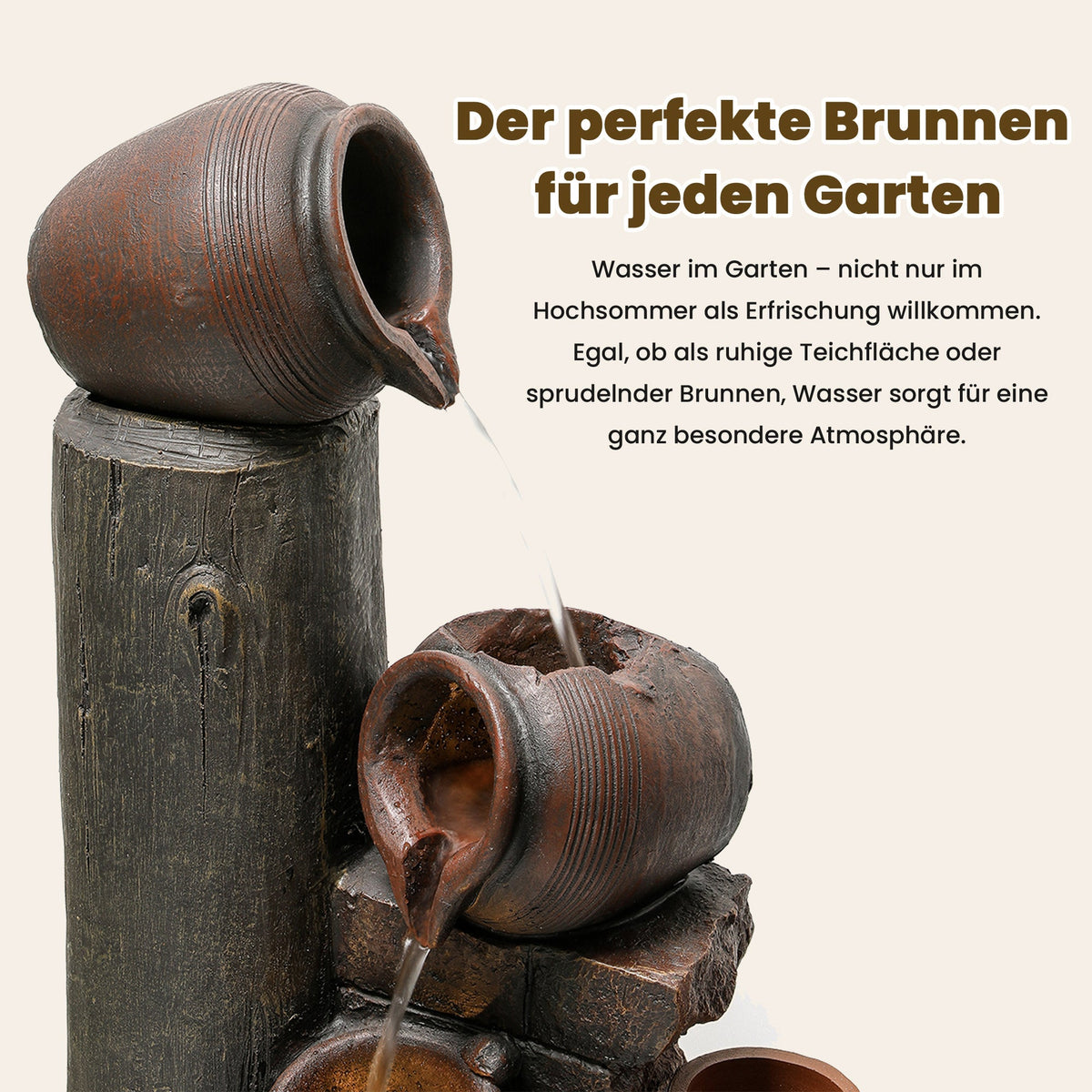 Garden Fountain with LED Lighting, Water Pump and Decorative Basin, Brown Artificial Stone