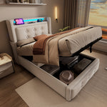Upholstered Single Bed 90x200 LED USB Hydraulic Storage, Beige Cotton