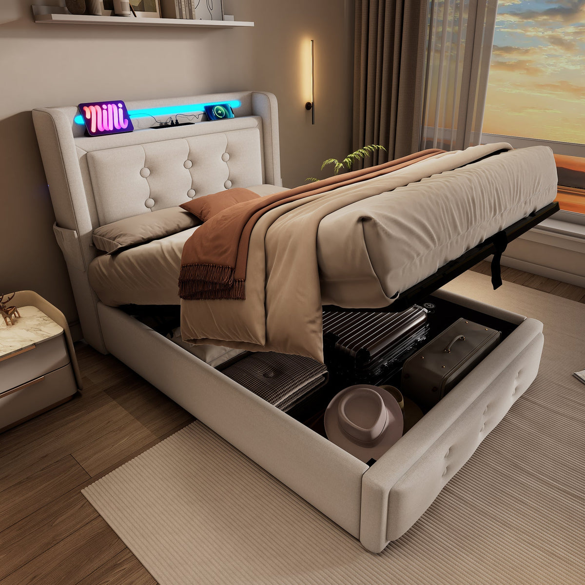 Upholstered Single Bed 90x200 LED USB Hydraulic Storage, Beige Cotton