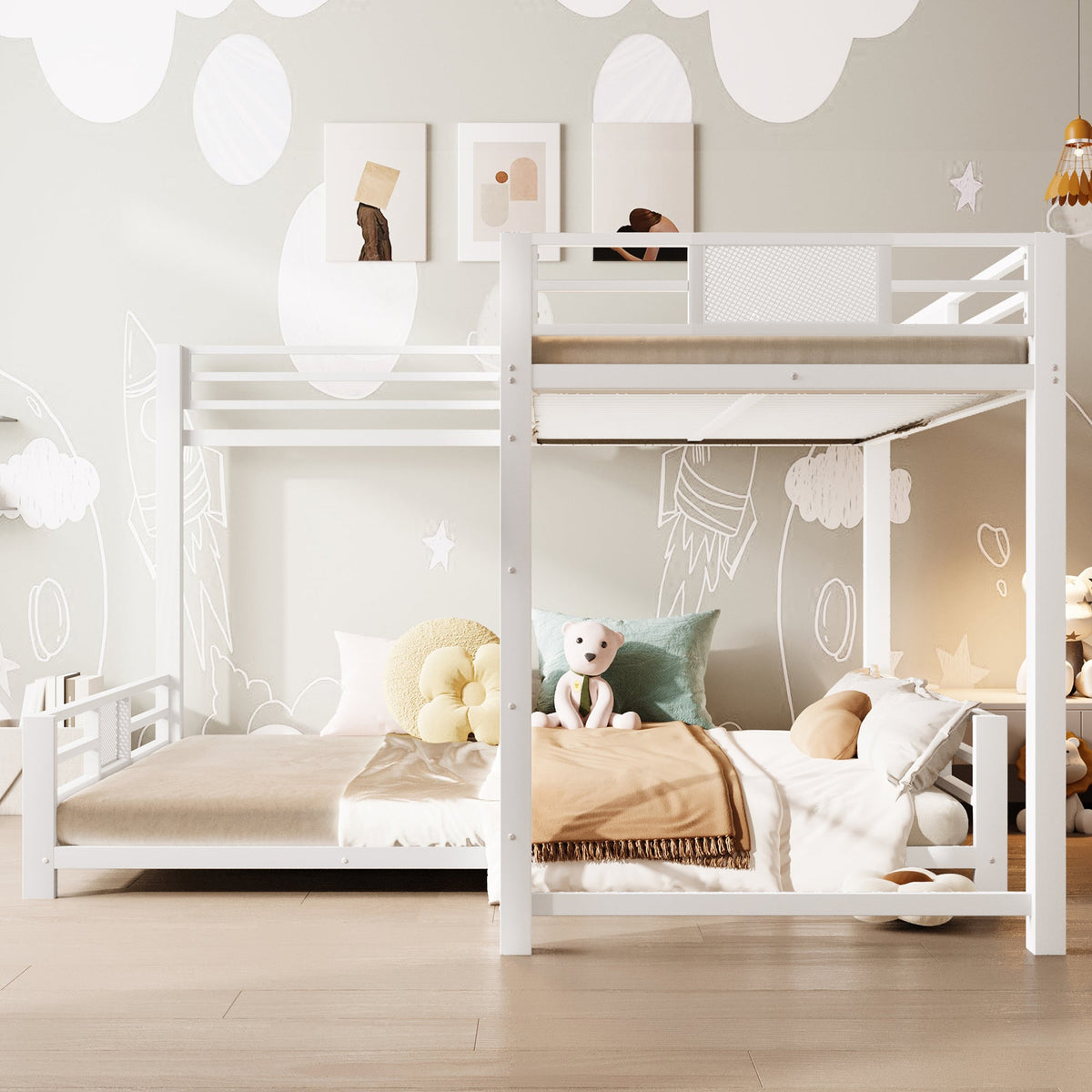 L-Shaped Bunk Bed with 90x200 and 140x200 Metal Frame, White