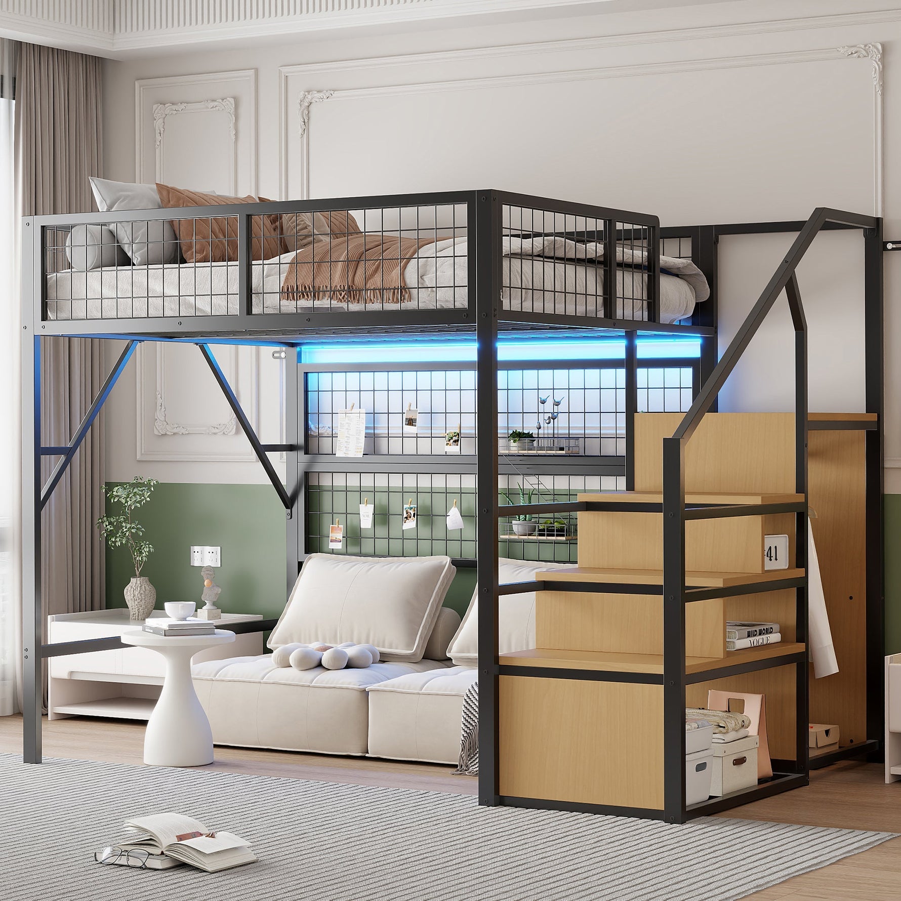 Metal Loft Bed 140x200 LED Lights Storage Open Wardrobe, Black