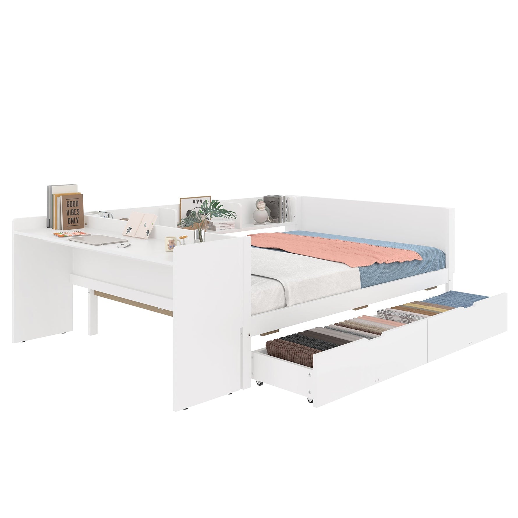 Wooden Bed with Desk and Storage Drawers, 140x200cm, Pine and White