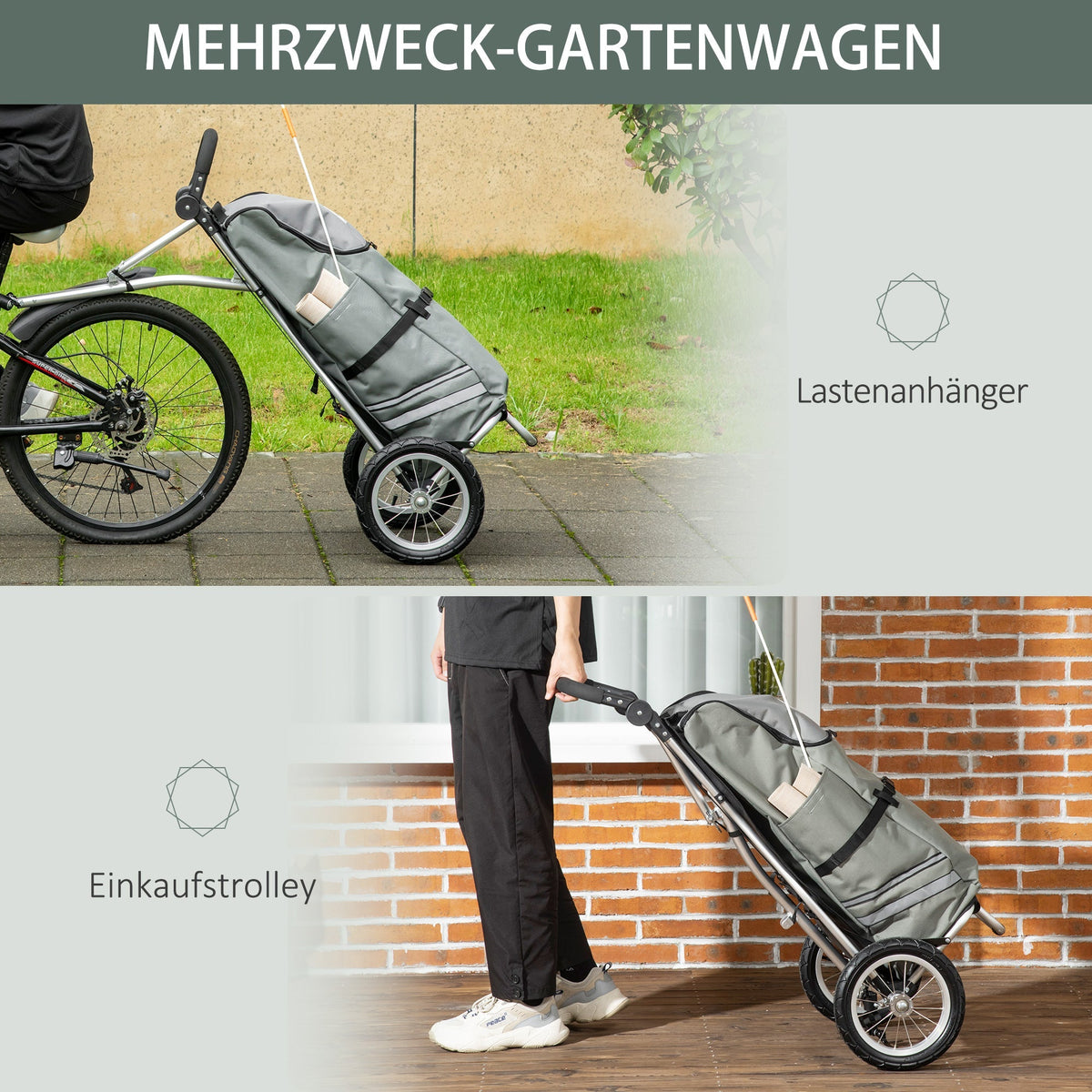 Cargo Trailer & Shopping Trolley 2-in-1, 24.3 kg, 55 L, Aluminium + Oxford, Grey + Silver