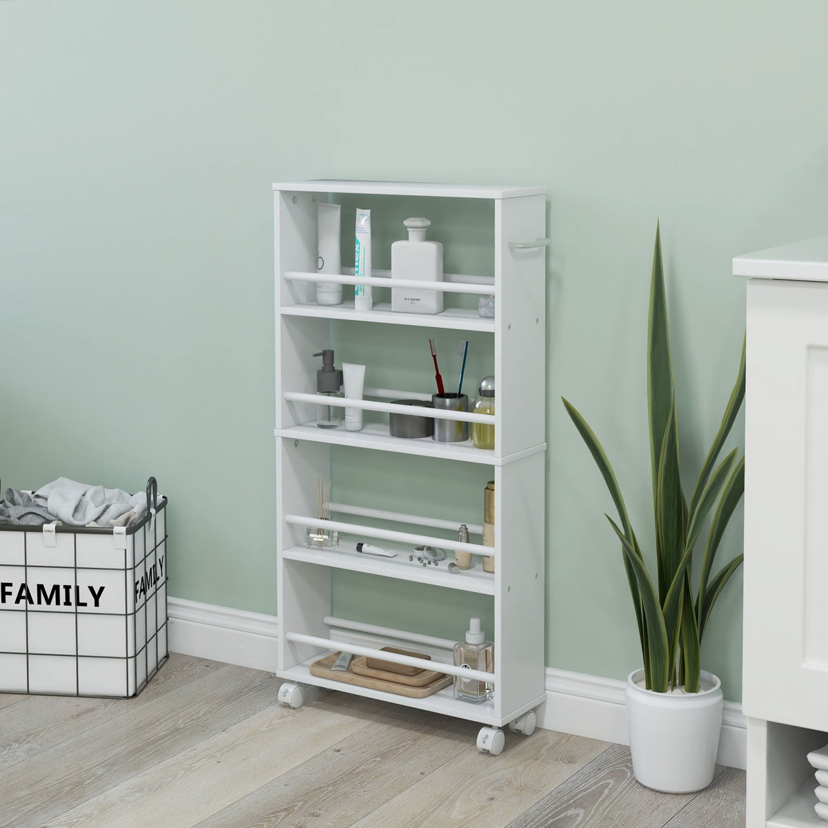 Rolling Trolley 4-Shelf Narrow Serving Storage 45x15x91cm White
