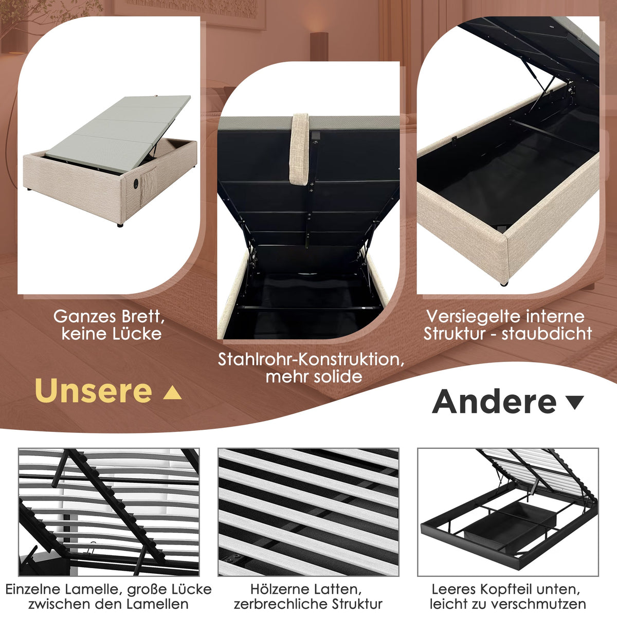 Upholstered Single Bed, 90x190 cm with USB-C and Slatted Frame, Natural Linen