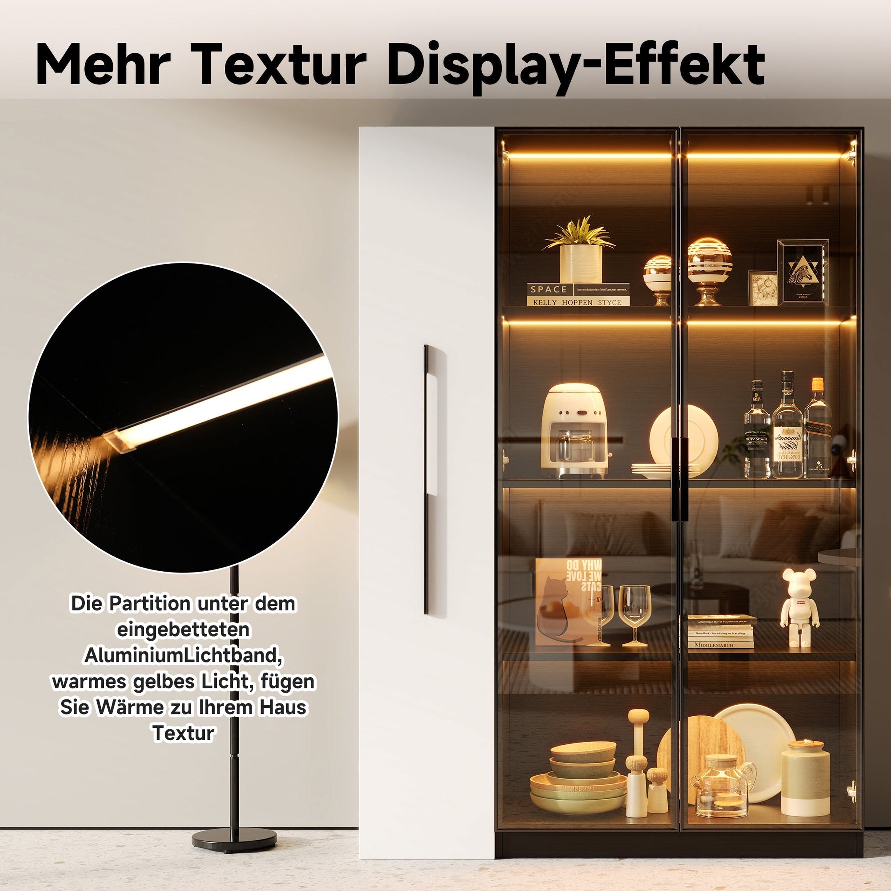 Multifunctional Cabinet 110.5x35x160cm LED Glass Door Pull-out Drawer Rolling - White/Black