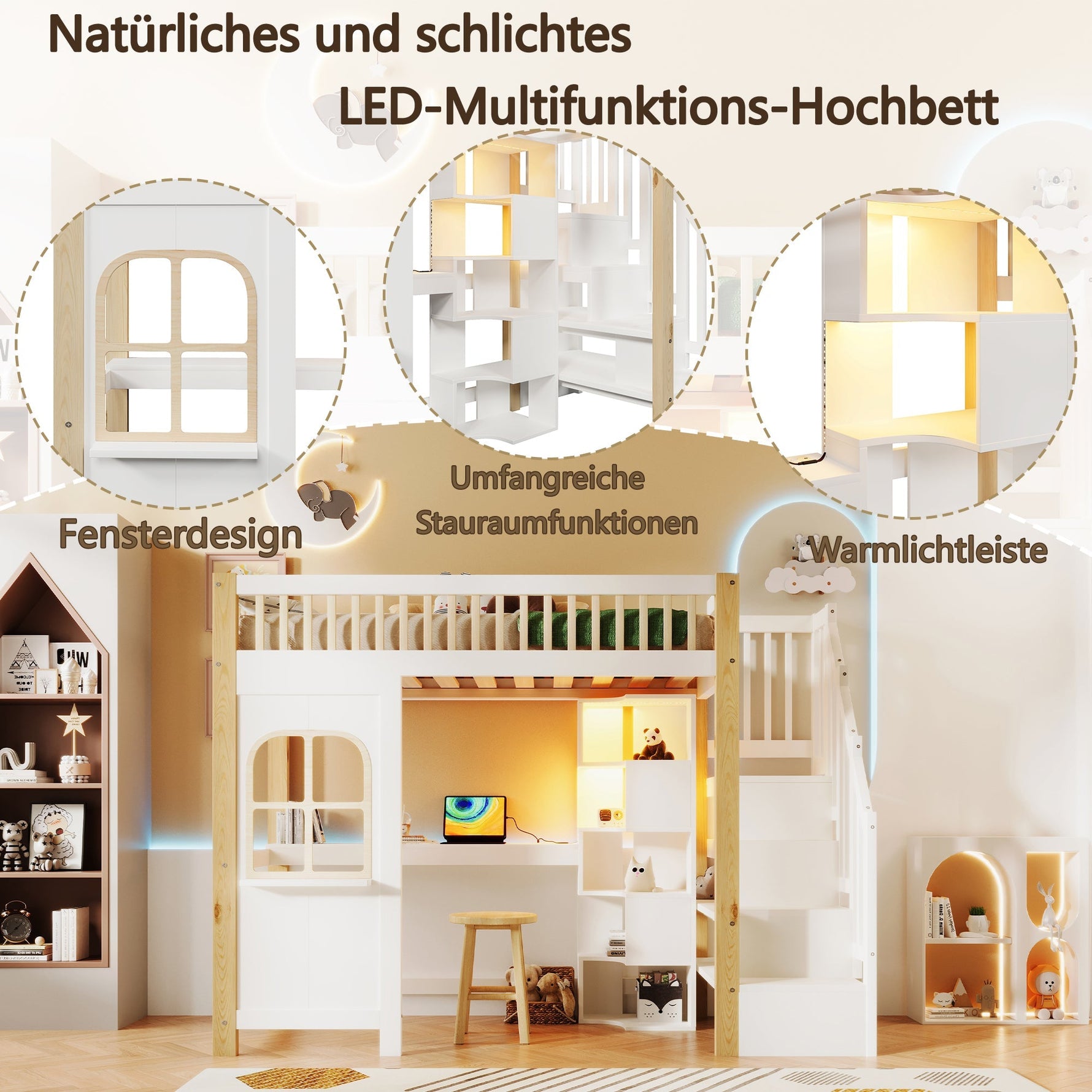 Loft Bed 90x200cm LED Window Design Desk Storage Ladder Power Outlet - White/Natural
