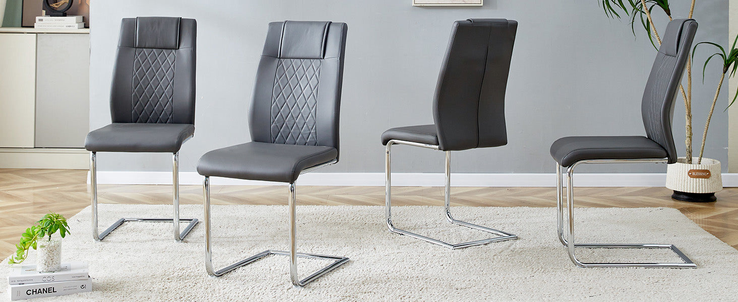 Scandinavian Dining Chairs Set of 4 Mesh Back Metal Legs - Dark Grey PU Leather