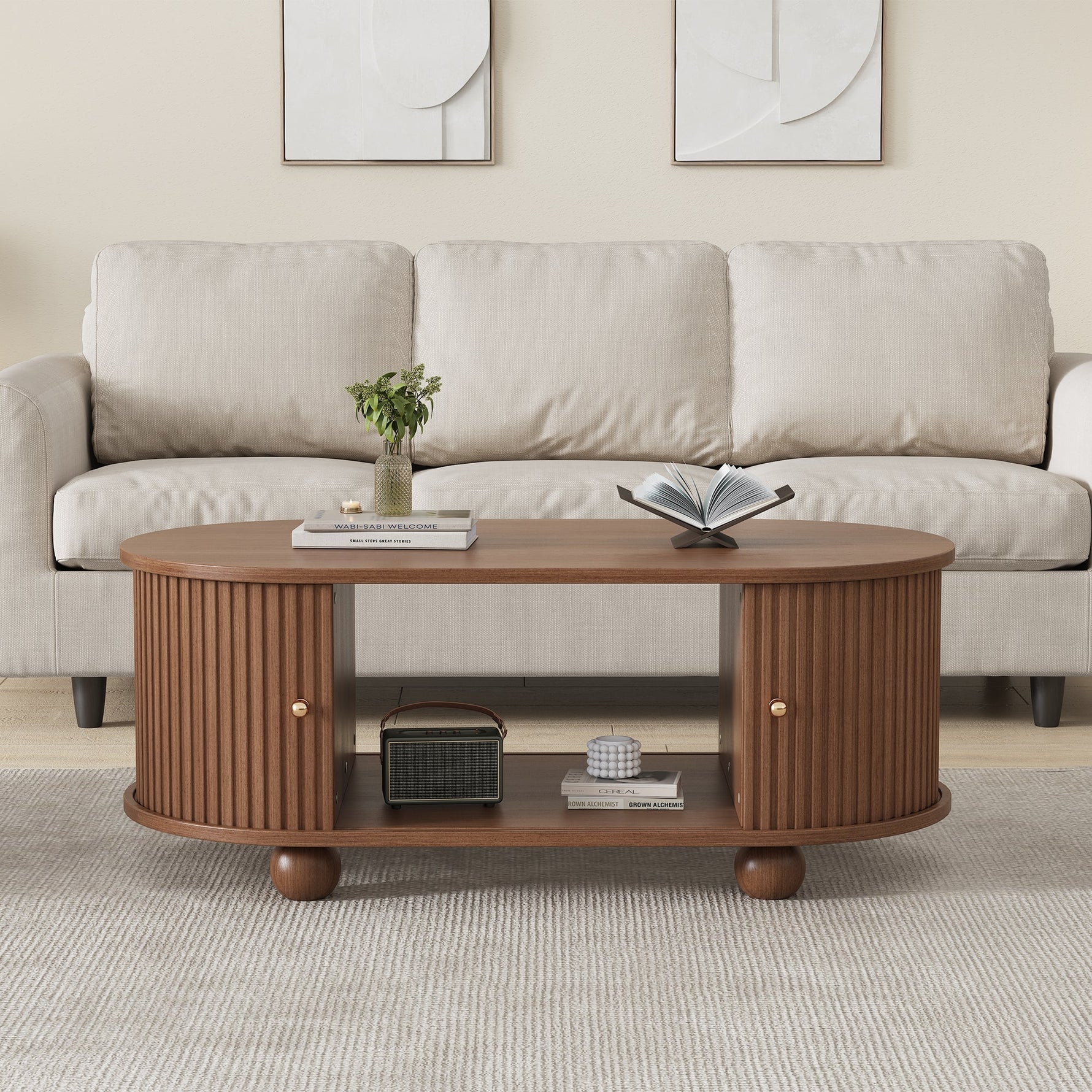 Coffee Table, 100 x 50 x 40 cm, Storage with Sliding Doors, Walnut