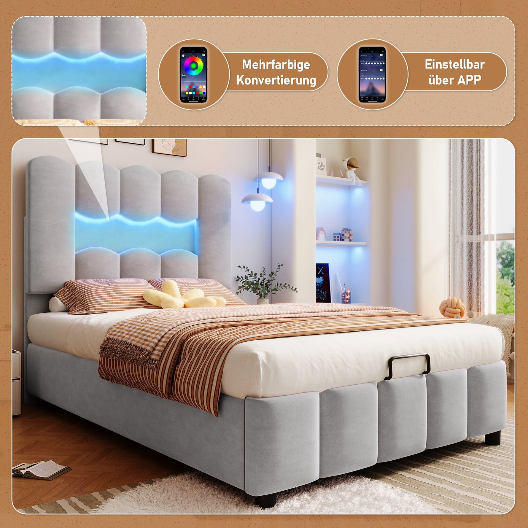 Upholstered Bed 90x200cm Hydraulic Storage LED Adjustable Headboard Velvet Grey