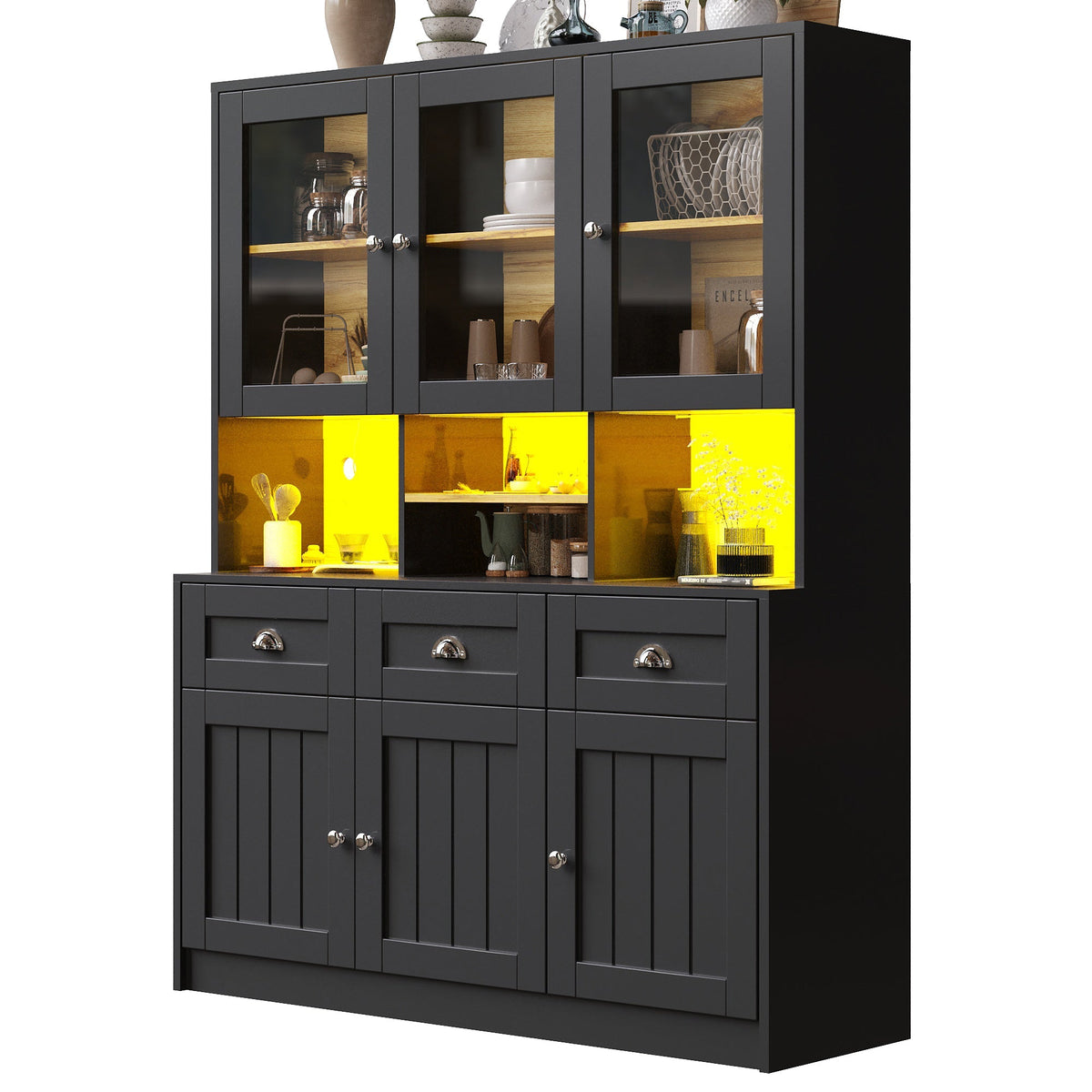 Tall Kitchen Cabinet 140x40x175cm Display Buffet Adjustable Shelves LED - White/Black